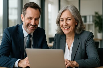 Fototapeta premium Successful Business Partnership: A mature businessman and businesswoman share a warm and genuine laugh while reviewing work together on a laptop in their shared workspace.