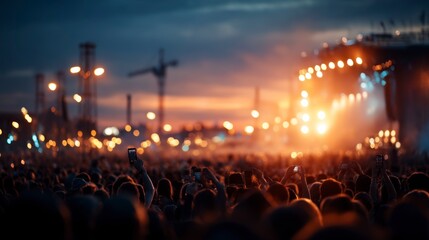 Obraz premium Enjoying Live Music Event Crowd with Stage Lights and Evening Sky