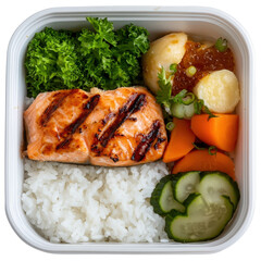 Grilled Salmon Bento Box with Fresh Vegetables and Rice