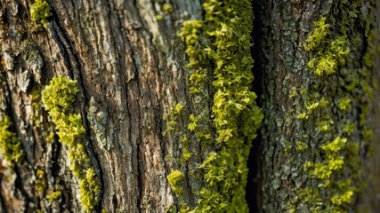 Obraz premium Moss Growing on Tree Bark Texture with Natural Light Effect