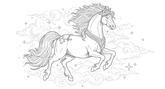 Outline Drawing Norse Mythical Steed Sleipnir Flying Through Starry Night Sky Eight Legs Clouds Illustration