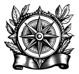 Vintage Nautical Compass with Decorative Leaves and Ribbon Design