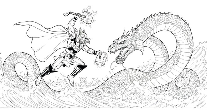 Outline Drawing Thor Battling Jormungandr Midgard Serpent Mjolnir Norse God Sea Monster Clash Epic Conflict Sketch