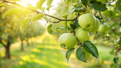 Green apples hanging from a trees branch in Natural view, Green Apples on tree in garden in Natural...