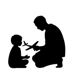 Father and Child Playing with Toy Airplane Silhouette on White Background for Parenting Blogs, Family Education Websites, Childhood Development Articles, and Creative Play Resources