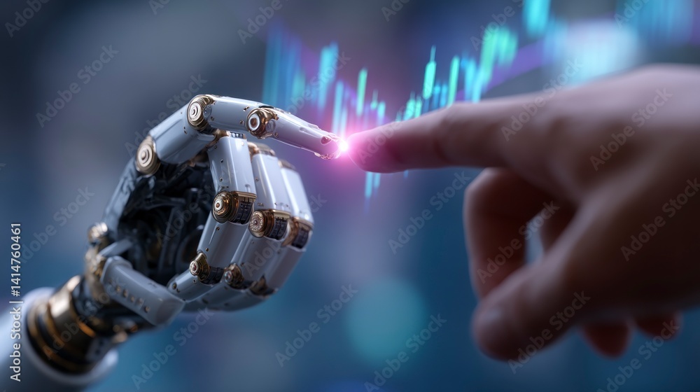 Poster human and robot hands interacting with a digital trading chart interface