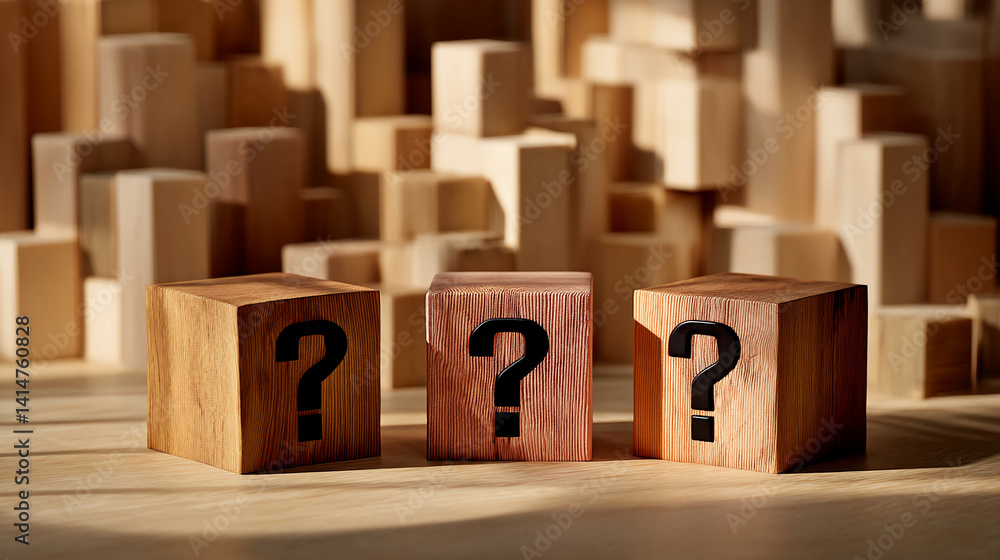 Poster Three wooden cubes with question marks stand on a light wood surface against a blurred background of many similar wooden blocks, symbolizing questions, uncertainty, or problem-solving