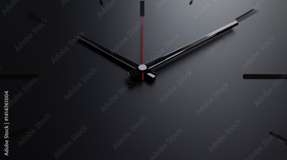 Poster close-up of a minimalist black clock face with black hands and red second hand indicating the time.