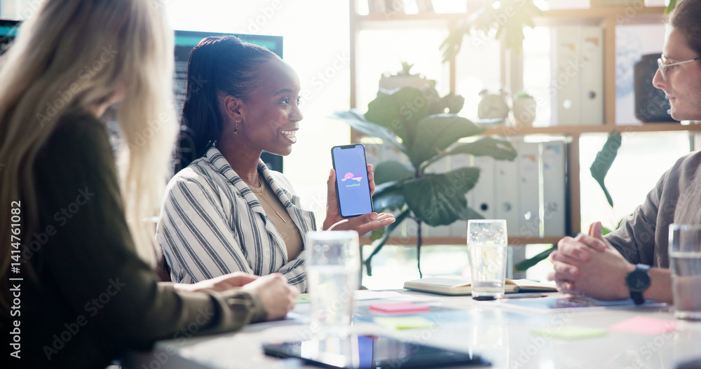 Aufkleber Meeting, presentation and businesswoman with cellphone in office for app development tutorial. Discussion, programming and female speaker with phone for user interface with collaboration in workplace
