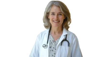 Portrait of smiling older senior female professional doctor physician pediatrician wearing white robe with stethoscope around neck standing in modern private clinic hospital, looking at camera.

