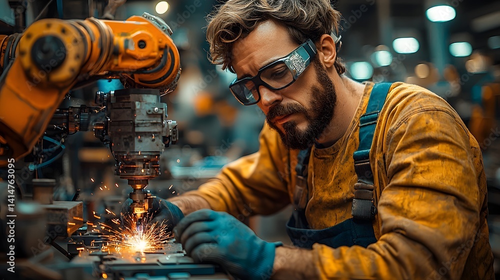 Poster a focused inventor welds components of a robot in a dimly lit workshop long title a bearded inventor