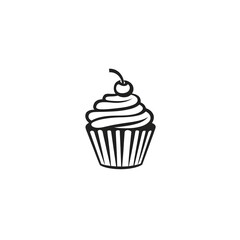 Minimalist black and white cupcake logo with elegant line art, fluted wrapper, swirl frosting, and cherry detail, enhanced with subtle pastel shading on a clean white background. Simple and stylish.