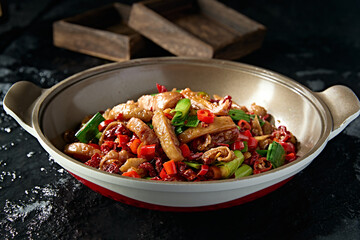 Hunan-style spicy pork belly with garlic sprouts in stone pot