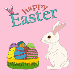 Colorful greeting card with cute white Easter bunny sitting beside a festive basket of colorful decorated Easter eggs, and - Happy Easter - text on a pink background. Perfect for banner and greetings.