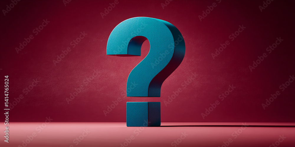 Poster Teal textured question mark against maroon background, symbolizing inquiry, uncertainty, or a need for answers, suitable for websites or presentations needing a query theme