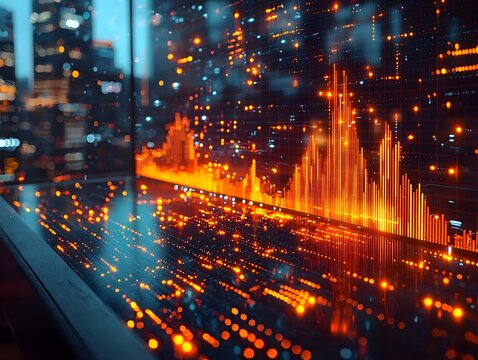 Glowing data visualization display with dynamic scatterplot graph