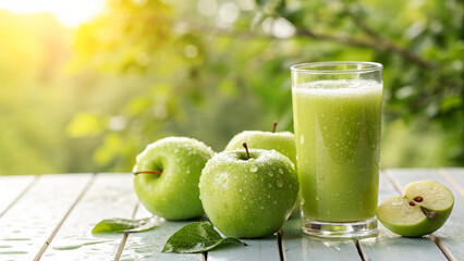 Fresh Green Apples on table with water drops and juice on surface in Natural background