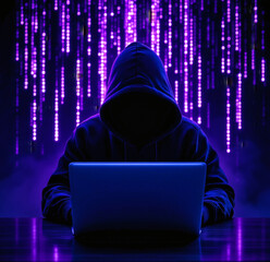 Hacker Scammer Spammer Concept, Anonymous Hooded Man Typing on Laptop Against Glowing Purple Matrix Wall, Cybercrime, Digital Fraud, Dark Web, Cybersecurity, Phishing