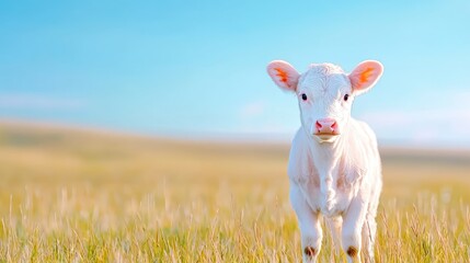Adorable white calf in sunny field idyllic farm animal stock photo
