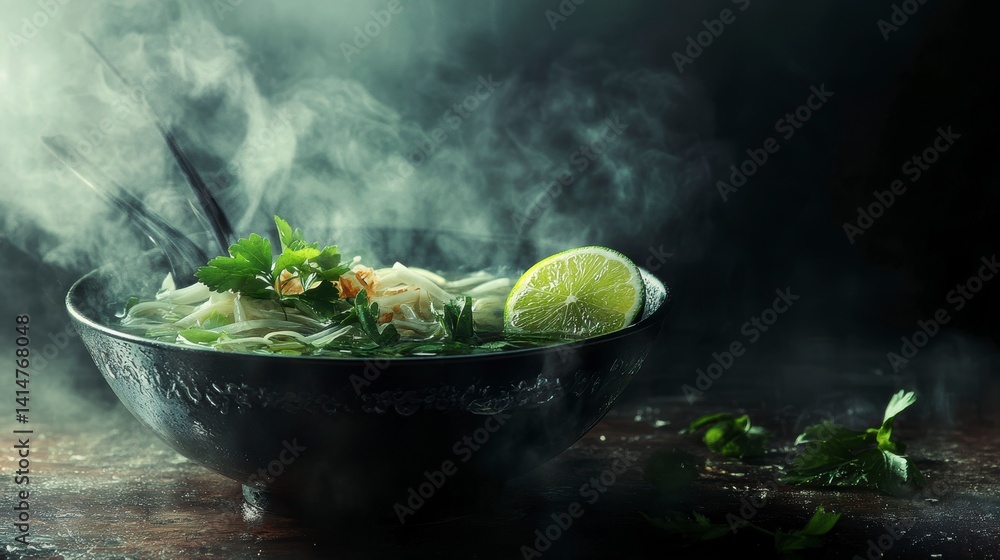 Poster steaming bowl of noodle soup with lime and herbs on rustic wooden table.