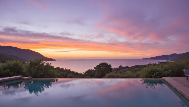 Tranquil Ocean Sunset View From Infinity Pool with Copyspace – Serene, Luxury, Vacation, Relaxation, Tropical Paradise, Stunning Horizon