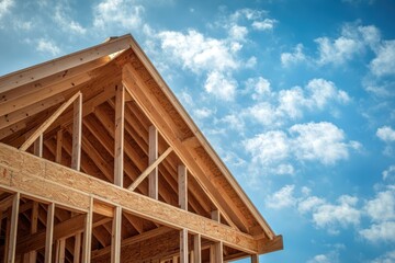 Framing Construction. Building a Wooden House Frame Under a Blue Sky