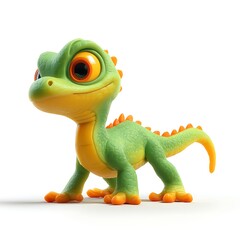 Fototapeta premium A vibrant green dinosaur toy with orange accents and large expressive eyes.