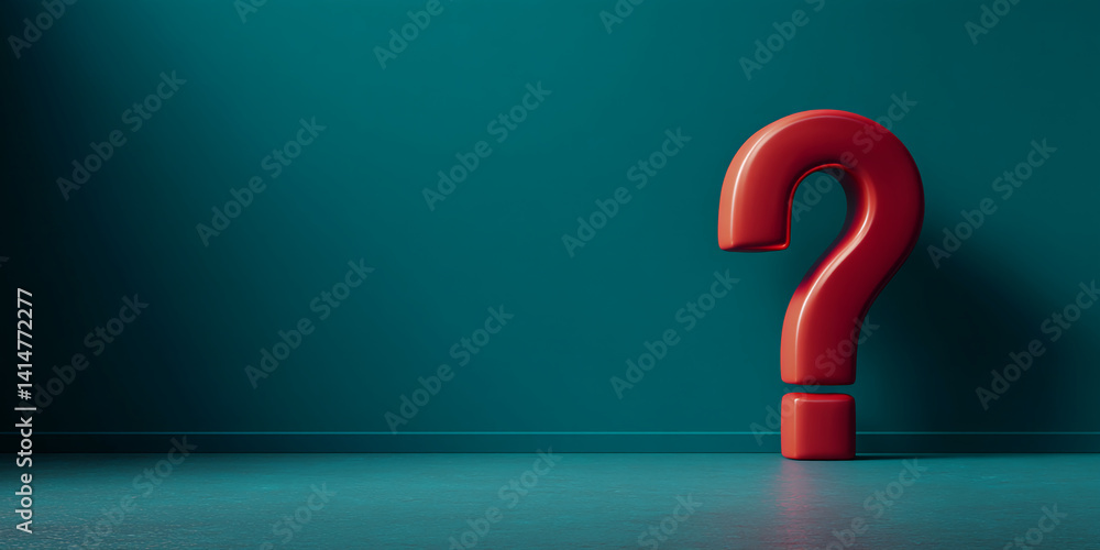 Poster red question mark on teal background, ample free space for text, symbolizes inquiry, uncertainty, or
