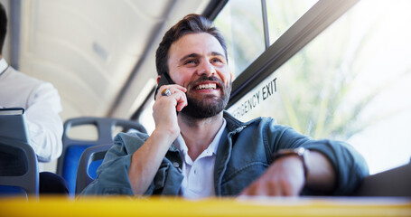Man, travel and bus with phone call for chat, discussion or connection in public transport. Happy...