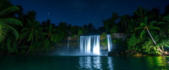Naklejka premium Majestätischer tropischer Wasserfall in einer Palmenlandschaft bei Nacht, mystisch und beruhigend – ideal für Reise, Natur und Entspannung.