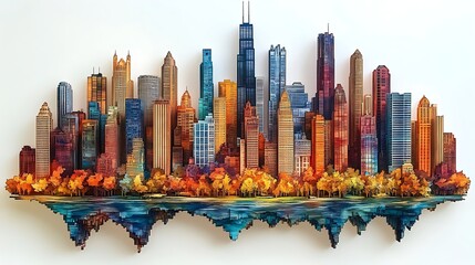 Naklejka premium Wooden texture cityscape artwork chicago buildings reflection high resolution image