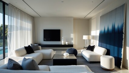 Generative AI, Modern White Living Room with Blue Accents