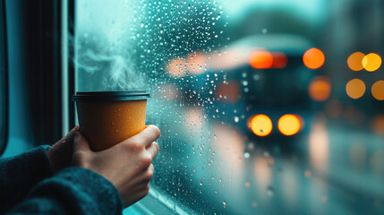 Savoring warmth a person enjoys coffee by a train window on a rainy evening cinematic lo-fi atmosphere