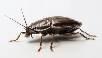 A close-up of a glossy, dark-colored cockroach, showcasing its segmented body, long antennae, and detailed leg structure against a plain background.