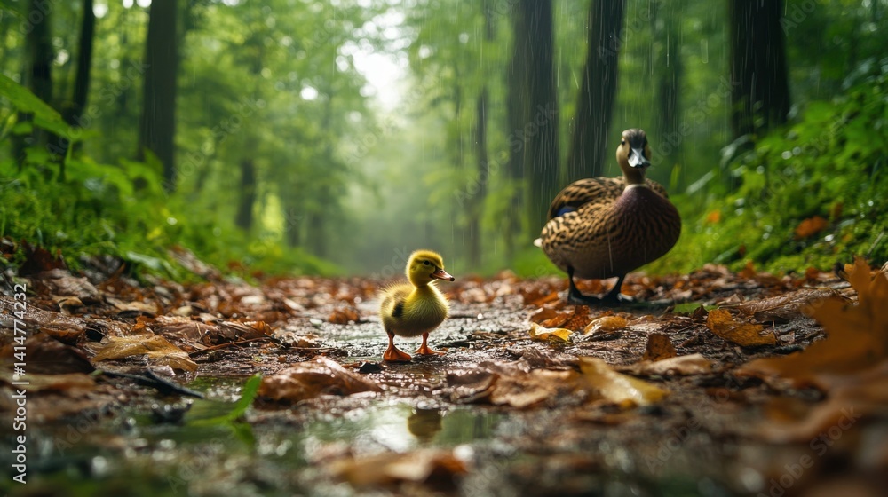 Poster raindrops glistening on a forest path as a duckling cautiously follows its parent through fallen lea