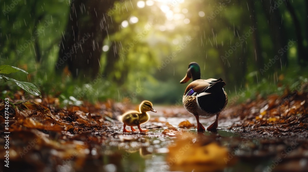 Poster raindrops glistening on a forest path as a duckling cautiously follows its parent through fallen lea