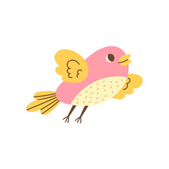 Pink Flying Bird cartoon illustration. Cute hand drawn cheerful songbird with open wings and smiling beak. flat style vector design
