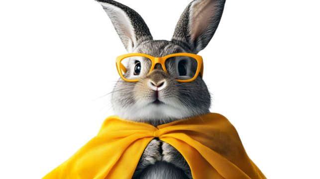 Superhero bunny wearing yellow cape and glasses on transparent background - Powered by Adobe