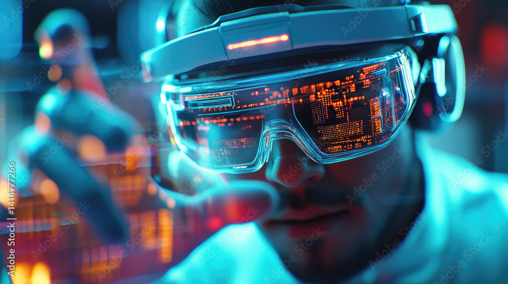 Poster engineer examining layered materials with augmented reality glasses in a futuristic laboratory envir