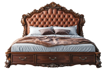 Luxurious handcrafted wooden bed with tufted leather headboard plush bedding and intricate carvings showcasing elegant bedroom on transparent background