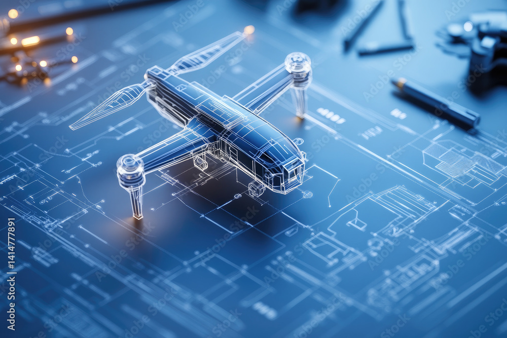 Poster engineering drone technology systems intricate schematics illustration in a dynamic design studio en