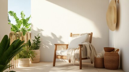 Serene terrace corner with potted plants, throw blankets, and a cozy reading chair in natural tones
