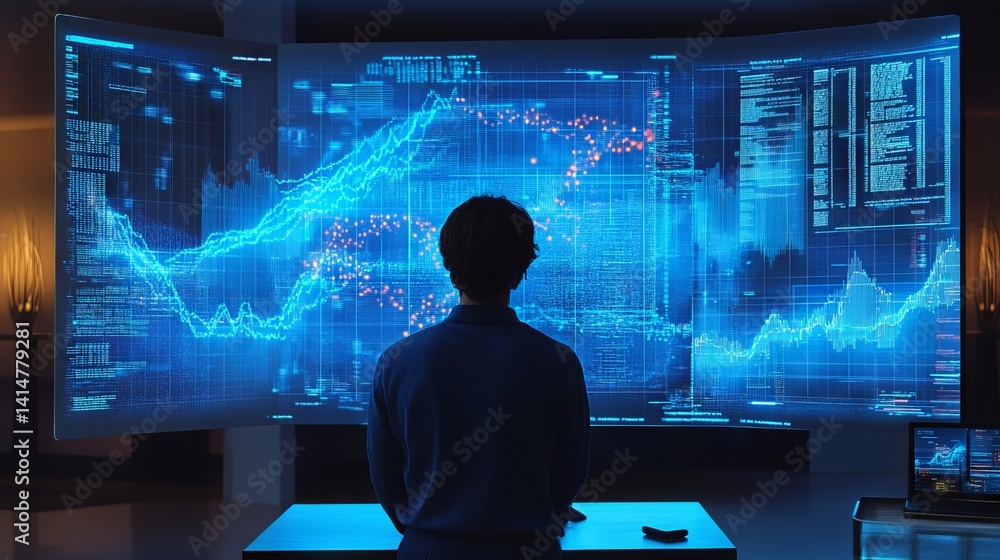 Aufkleber in a sleek, modern workspace at night, a data analyst examines intricate financial trends displayed 