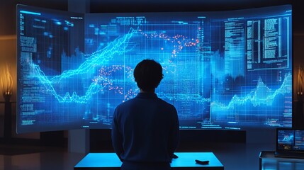 In a sleek, modern workspace at night, a data analyst examines intricate financial trends displayed on a massive curved screen. The glowing graphs dynamically pulse with information
