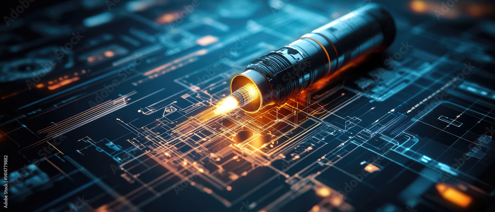 Poster designing a glowing holographic blueprint of a rocket propulsion system in a dim lab for cutting-edg