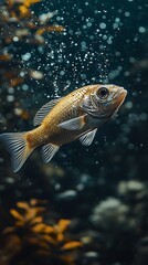 Obraz premium Golden fish swims through water, bubbles rising. Underwater scene