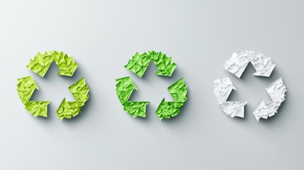Three dimensional recycle symbols green white sustainability eco friendly minimalist design