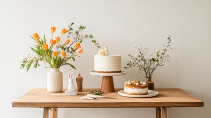 Textured spring table with tulips, artisan cake, and minimal white rabbit accents