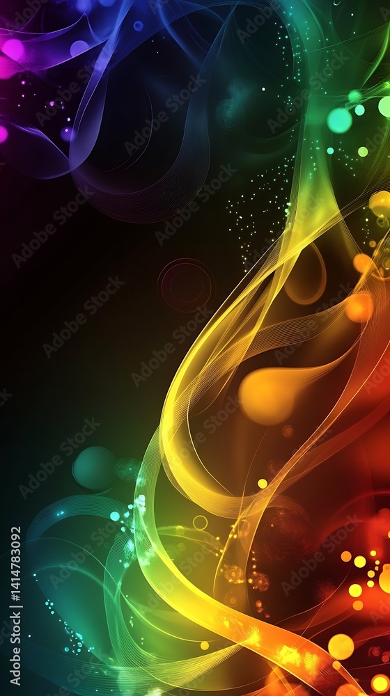Poster swirling rainbow ribbons with bokeh particles on transparent backdrop design