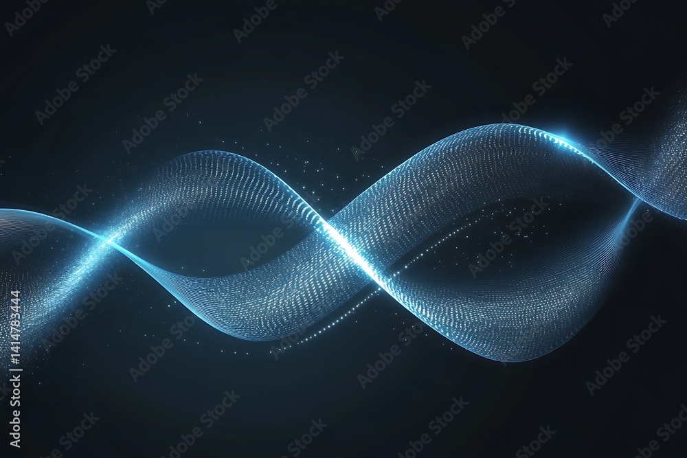 Poster Wavy Light Blue Lines, Dynamic Digital Pattern with Light Streaks on Dark Background
